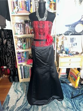 Scott McClintock Strapless Red and Black Prom Gown with Floral Accents